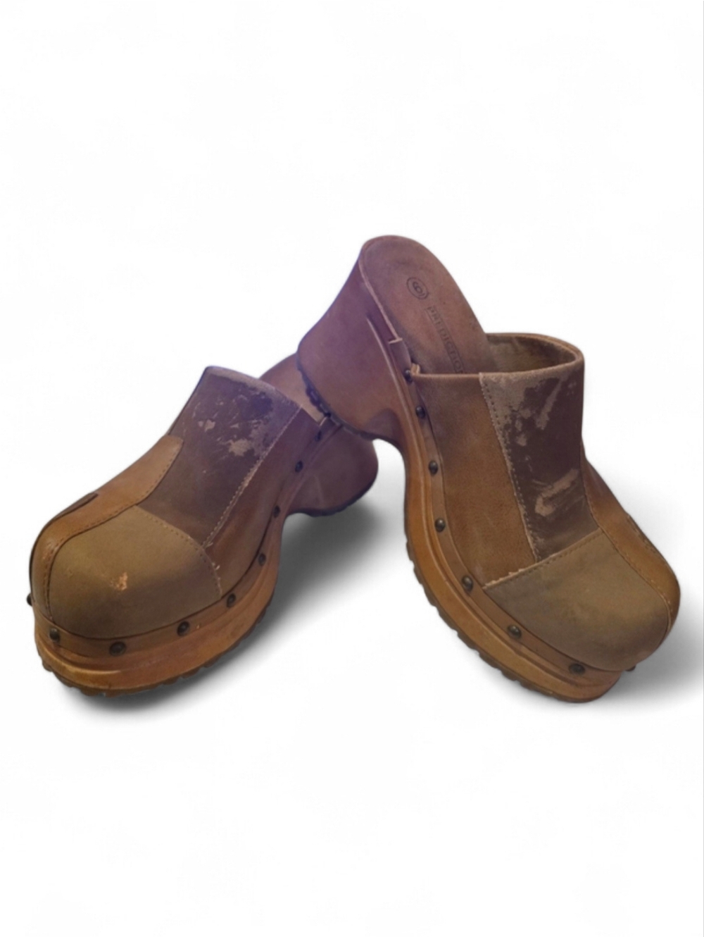 Vintage 70s Chunky Brown Patchwork Platform Clog Mules W Metal Studs Sz 6